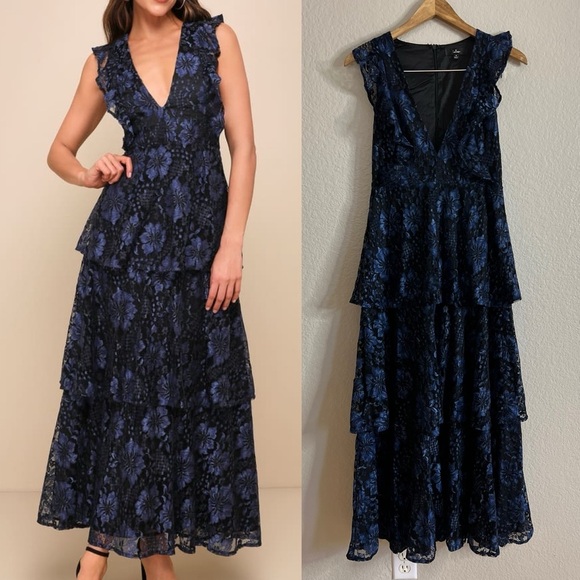 Molinetto Navy Blue Lace Ruffled Tiered Sleeveless Maxi Dress - Picture 1 of 9
